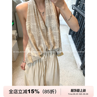 GV大白哥 南法氛围 立体刺绣蕾丝花朵挂脖露背上衣设计感百搭女夏