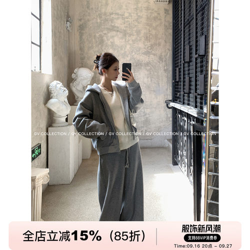 加绒加厚连帽运动开衫休闲裤套装