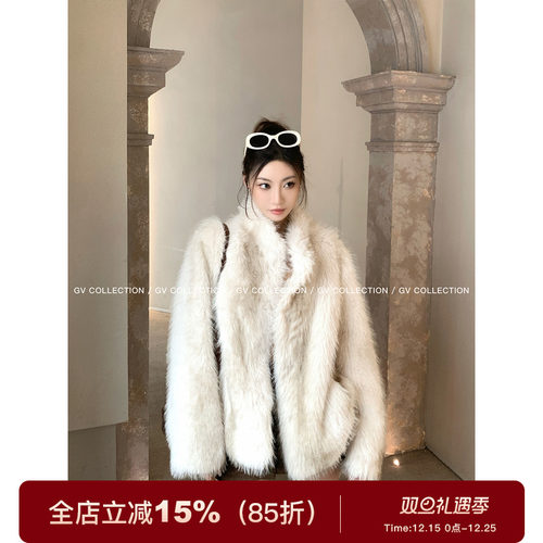 翻领环保仿狐狸毛外套大衣