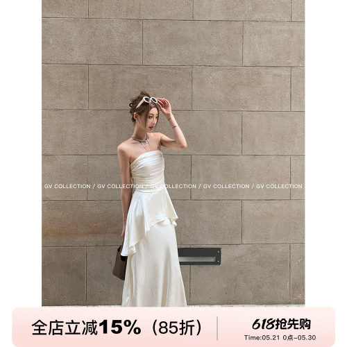 GV大白哥 奢简氛围 缎面腰部皱褶收腰抹胸光泽感半身裙人鱼姬套装