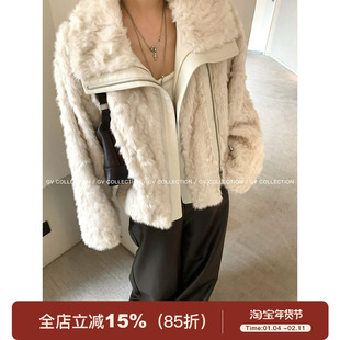 GV大白哥 东京买手 设计感环保毛拼皮翻领夹克外套冬季新款上衣女