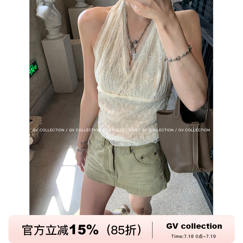 GV大白哥 仲夏入夜 柔软蕾丝镂空挂脖露背吊带背心氛围感上衣女夏