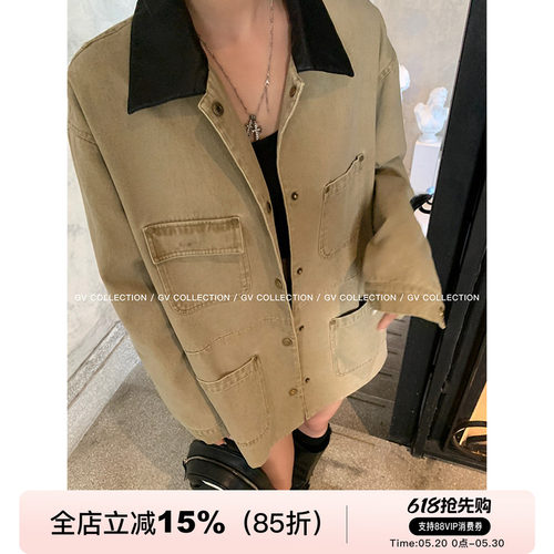 GV大白哥 重磅工装风 皮领撞色牛仔夹克外套街头风长袖上衣女春