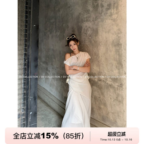GV大白哥 侘寂系 天丝斜肩设计感扭结上衣微A廓形半身裙套装女夏