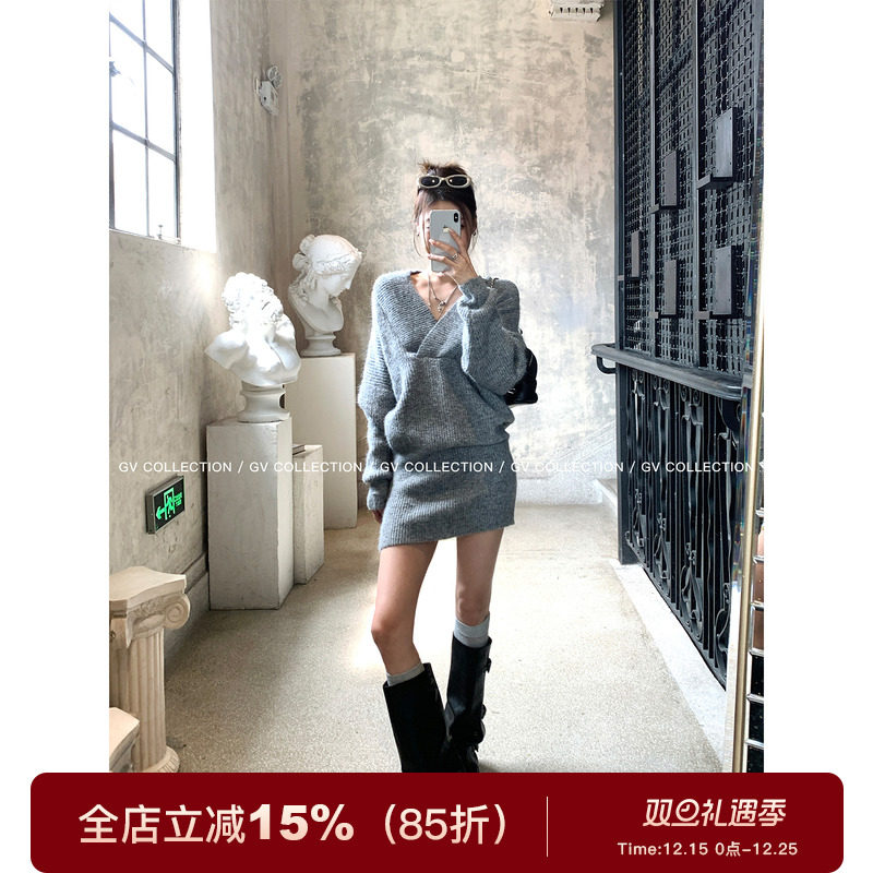GV大白哥 美式时髦度 V领收腰含羊毛包臀连衣裙冬季新款裙子女
