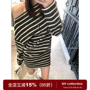 裙子设计感女 条纹磨毛绒感露肩连衣裙秋冬新款 GV大白哥 松弛续写