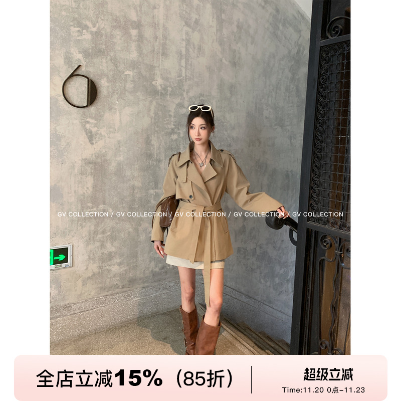 翻领气质卡其风衣中长款外套