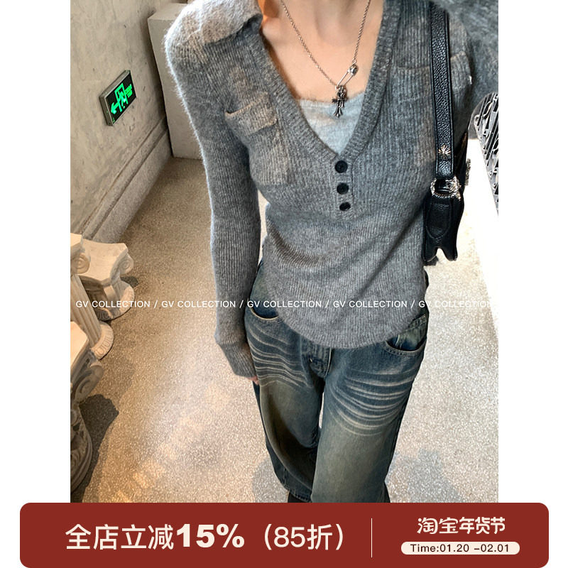 GV大白哥 简约都市 撞色polo翻领针织上衣慵懒风百搭小衫女内搭,女装/女士精品,毛针织衫,淘宝优惠券,粉丝福利购,淘宝优惠卷