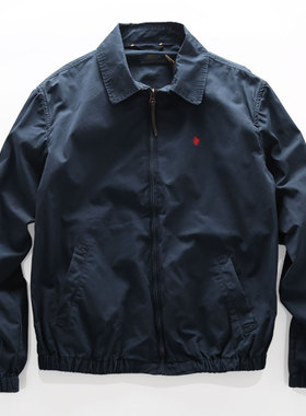 春季简洁单层薄款深蓝色复古微做旧小刺绣水洗纯棉翻领男夹克外套