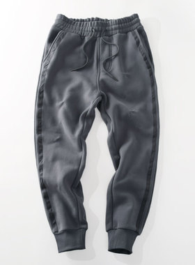 米西小铺秋冬季灰色侧条内颗粒绒保暖加绒加厚宽松防风防寒裤子男