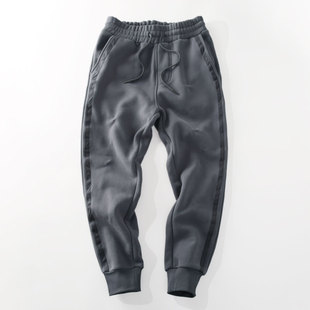 米西小铺秋冬季灰色侧条内颗粒绒保暖加绒加厚宽松防风防寒裤子男