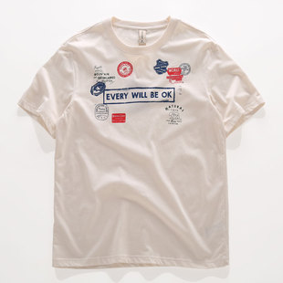 T恤 双色印花棉质休闲宽松潮男圆领短袖 夏季 纯棉徽章款