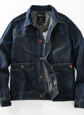米西日系自然复古设计感水洗轻做旧工装翻领牛仔双口袋夹克外套男