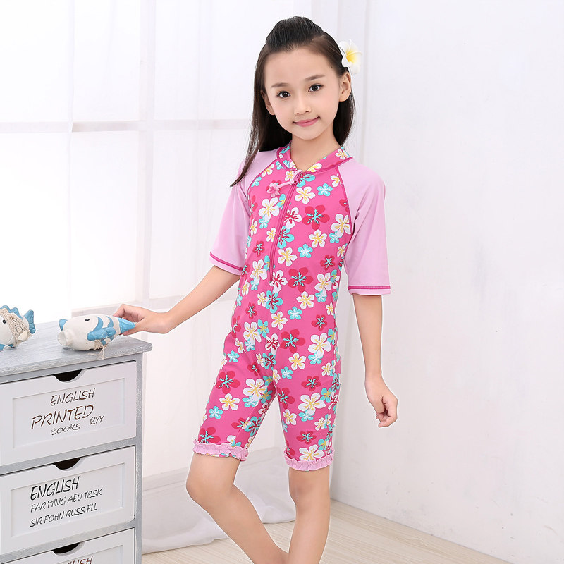 儿童泳装温泉连体防晒游泳衣短袖锦氨纶女生小女童冲浪沙滩泳衣裤