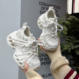 潮 增高7cm网面透气运动休闲鞋 真皮炸街小众厚底老爹鞋 女春夏新款