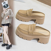 增高小皮鞋 包头粗跟英伦风高跟凉拖小码 女春夏新款 真皮厚底半拖鞋