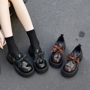 增高7cm粗跟玛丽珍黑色通勤单鞋 小皮鞋 女春夏新款 真皮厚底乐福鞋