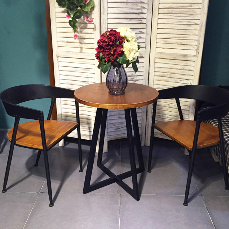 美式铁艺阳台休闲桌椅套件实木户外咖啡厅洽谈桌椅组合茶几小圆桌