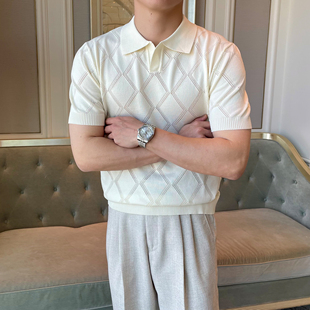 简约轻熟海鸥领针织Polo马球衫 休闲镂空提花翻领T恤男士 夏季 摩摹