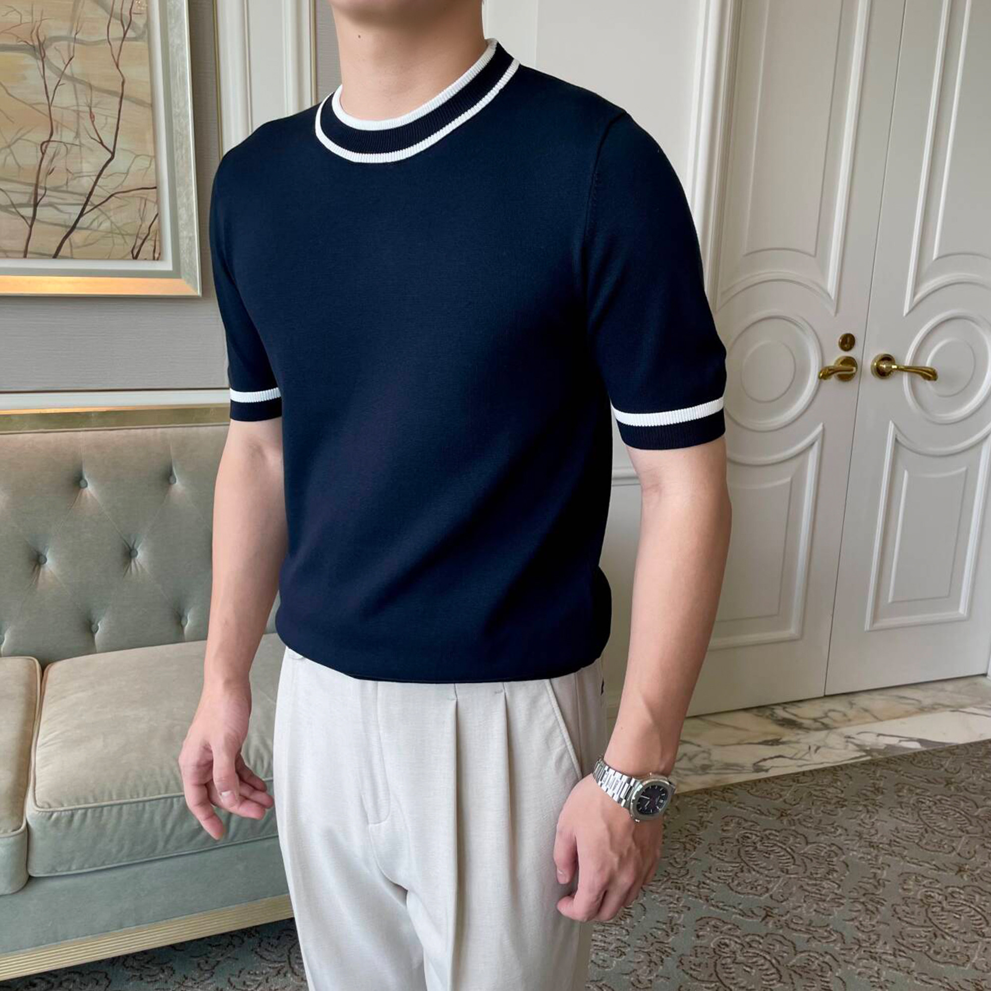 摩摹男士短袖针织衫修身圆领撞色条纹薄款百搭T恤意式极简风,男装,T恤,淘宝优惠券,粉丝福利购,淘宝优惠卷