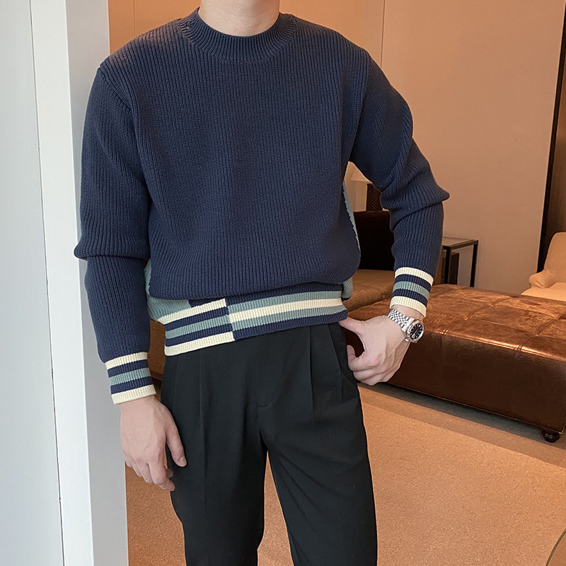 冬季日系撞色破洞圆领针织衫