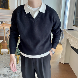 宽松撞色针织衫 韩版 上衣 翻领拼接POLO衫 复古休闲假两件毛衣男个性
