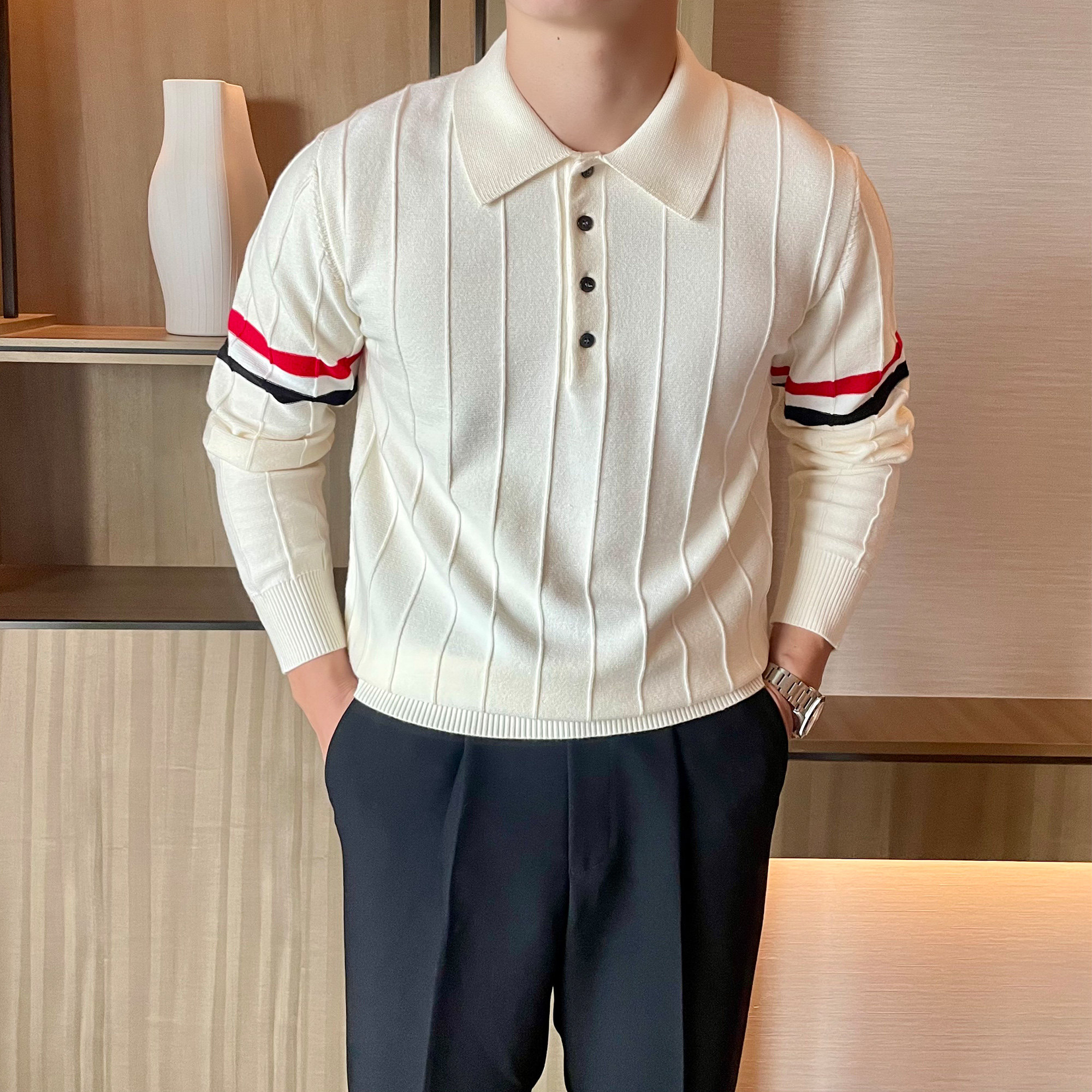 经典条纹撞色polo领毛衣男士英伦复古轻商务修身提花针织衫男上衣,男装,针织衫/毛衣,淘宝优惠券,粉丝福利购,淘宝优惠卷