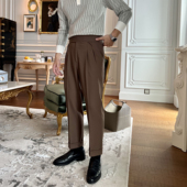 那不勒斯垂感九分裤 高腰休闲西裤 裤 英伦复古商务纯色搭扣西装 男士