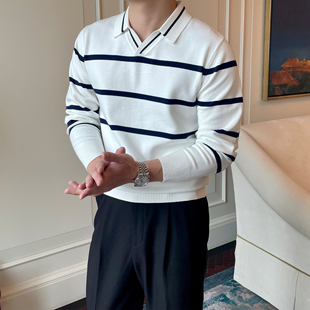 毛衣 休闲条纹翻领针织Polo衫 男士 英伦轻熟撞色V领舒适长袖 打底衫