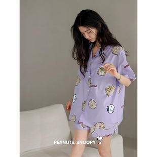 贝妍睡衣女夏季新款纯棉短袖短裤套装时尚开衫女史努比大码家居服