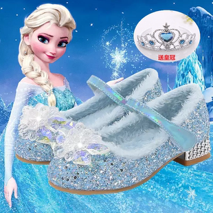 艾莎公主鞋秋冬女童高跟鞋宝宝皮鞋儿童保暖水晶鞋软底小孩闪亮鞋