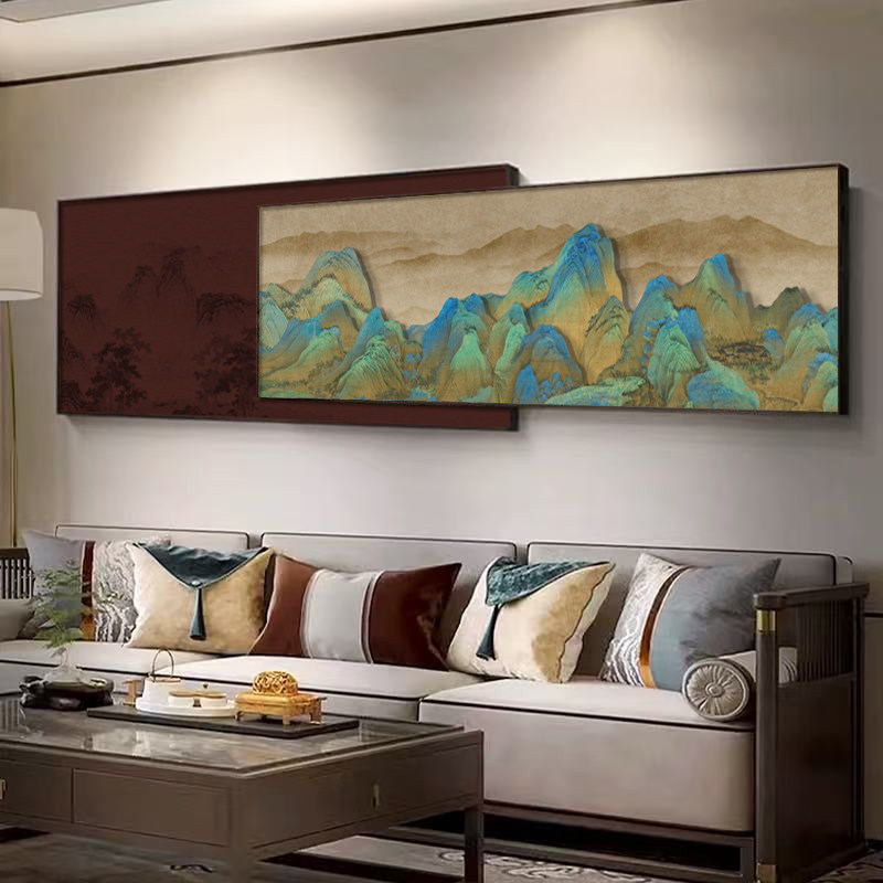 千里江山图横幅客厅装饰画中式茶室沙发背景挂画山水画办公室壁画