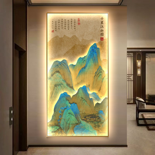 千里江山图新中式玄关装饰画带LED灯客厅挂画走廊过道壁画山水画
