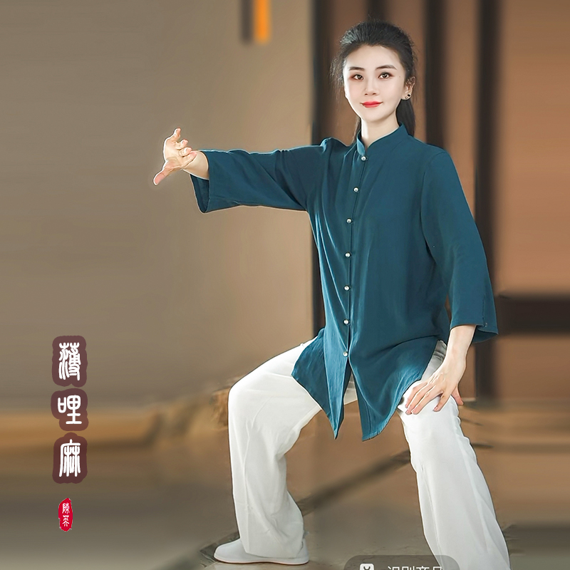 新款玉扣亚麻太极服七分袖