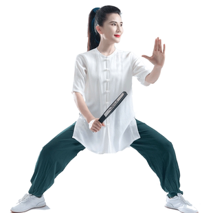 【三伏天】夏季太极练功服男女短袖无领新品亚麻武术太极拳服装