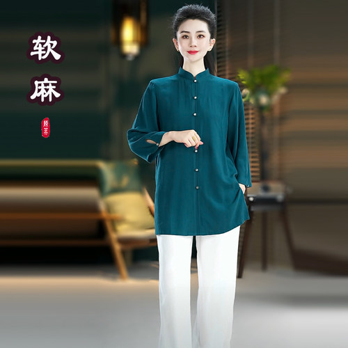 新款玉扣亚麻太极服七分袖
