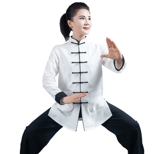 春秋季白色太极服 男女棉麻中国风武术表演晨练太极拳练功服装