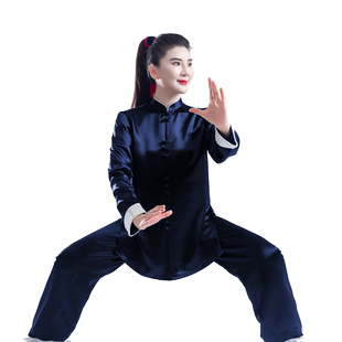 春秋季太极服男女新品真丝醋酸武术表演练功太极拳服装藏蓝色