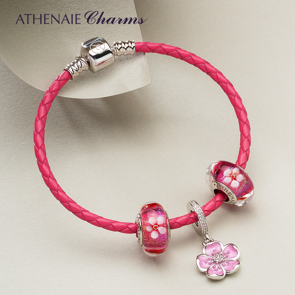 athenaie红色樱花925银琉璃珠编织皮绳手工diy简约手链材料
