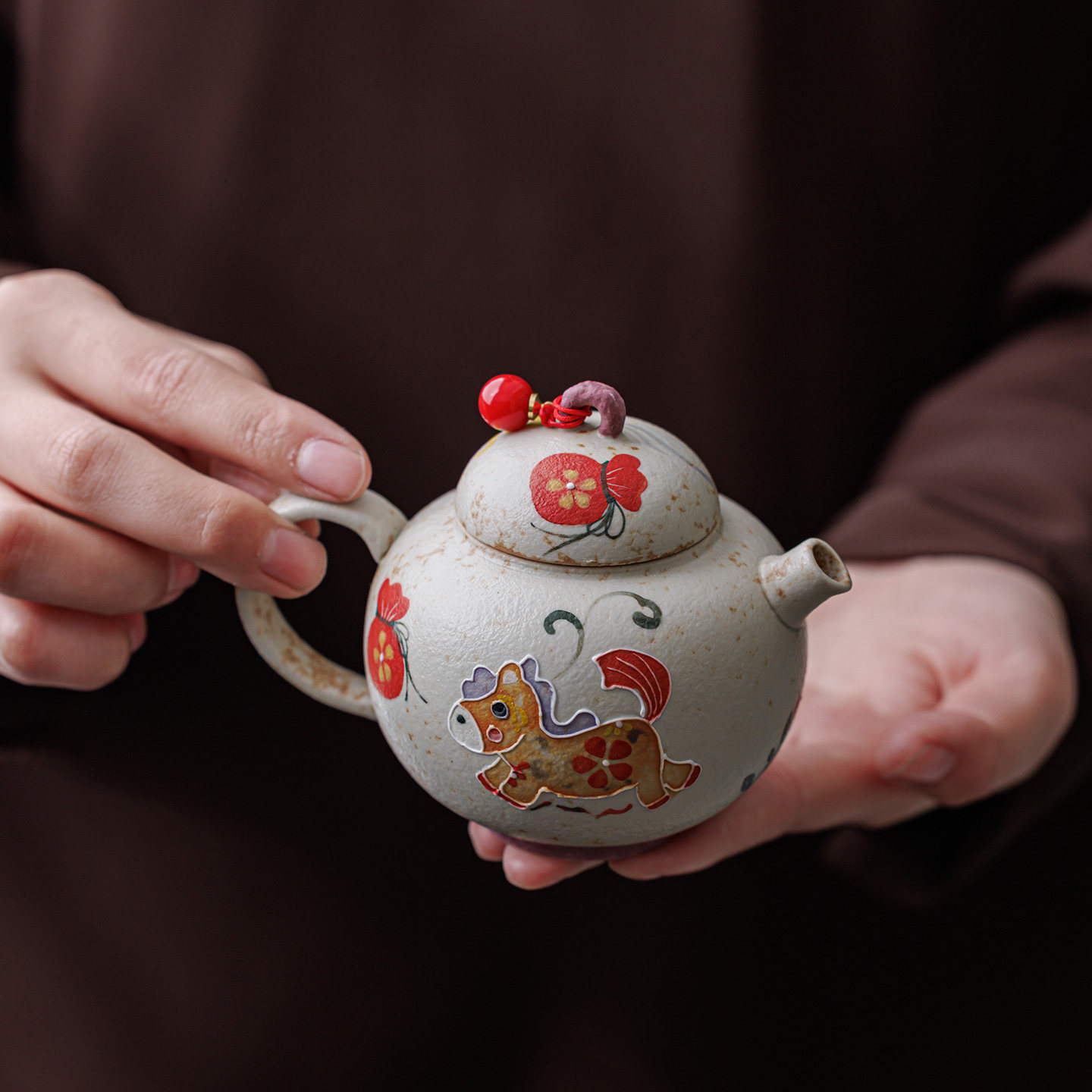 手绘复古中式粗陶防烫功夫茶壶
