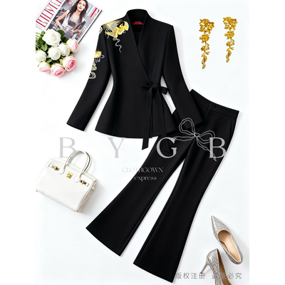 878-国风新款时尚职业气质精致重工凤凰刺绣V领干练修身西服套装