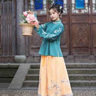 【锦官城】笙弦纪汉服绣花日常明制竖领对襟窄袖短衫一片式褶裙女