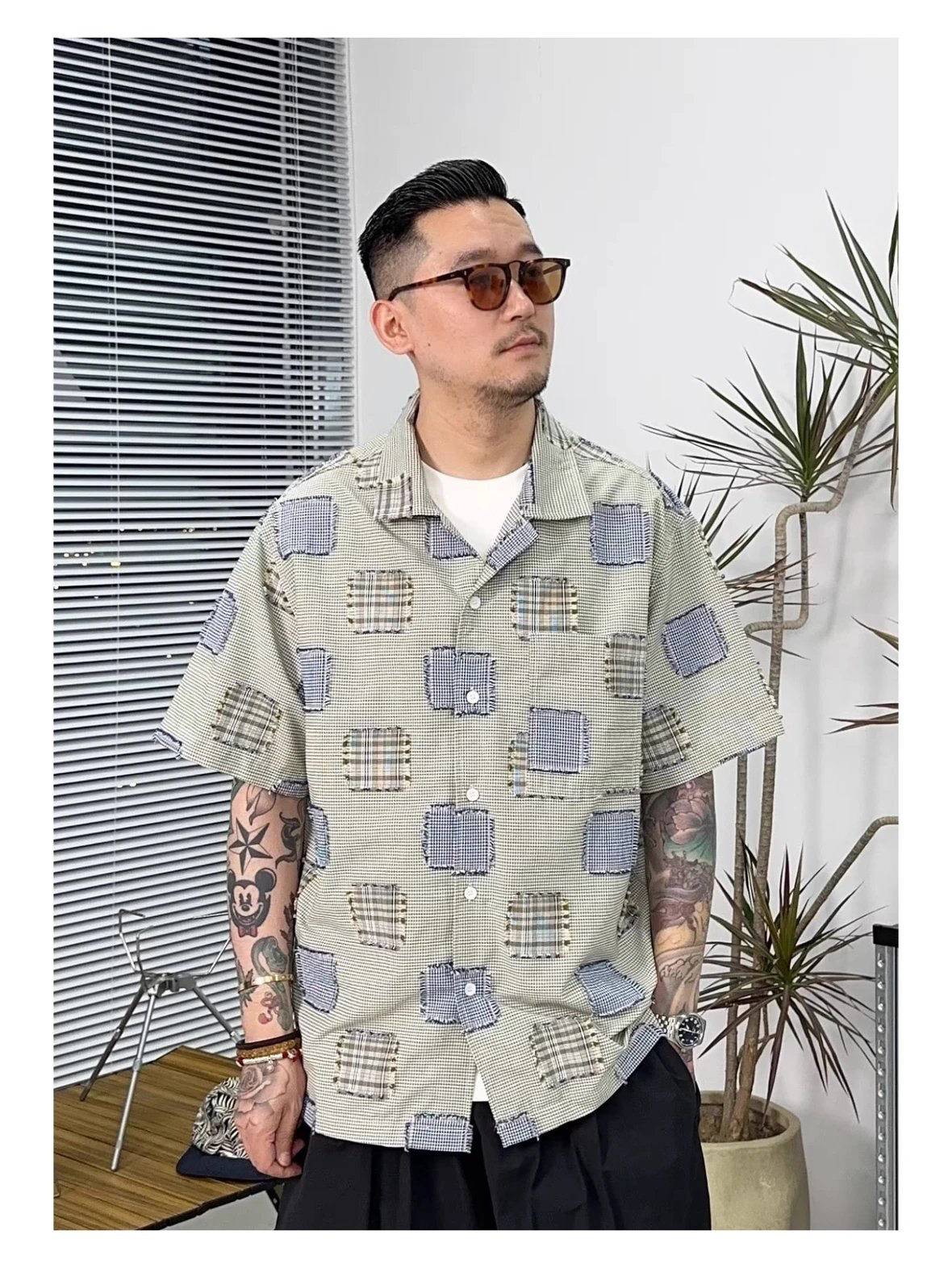 日系原宿风格子补丁拼接宽松廓形夏季古巴领短袖衬衫CityBoy衬衣