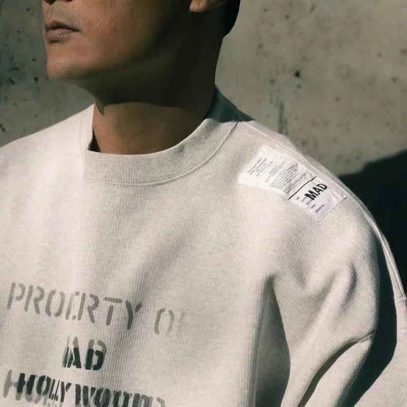 日系MDNS余文乐联名款复古重磅做旧军事风贴标毛圈棉圆领套头卫衣