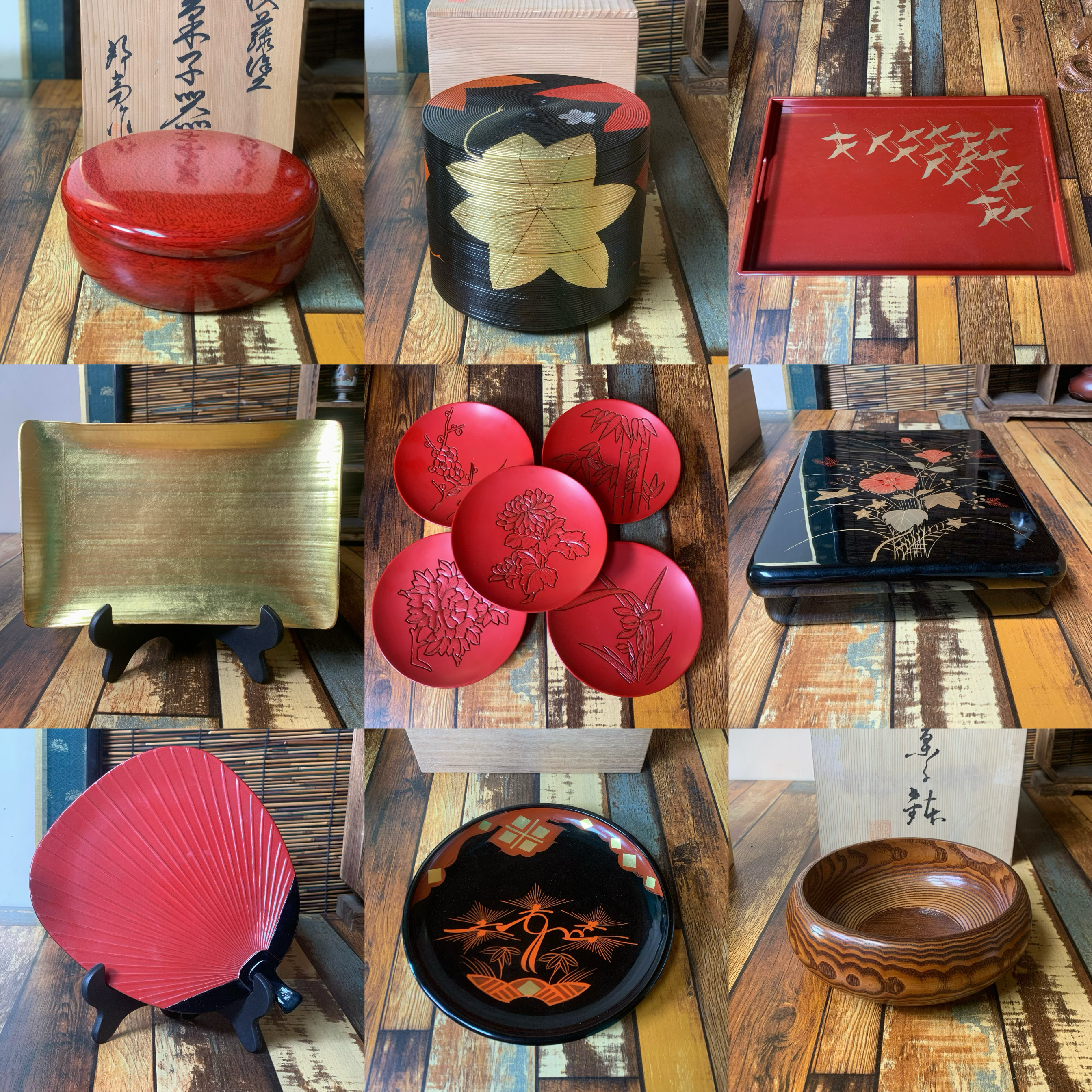 日本进口木质漆器花器漆盒精美日式食盒木制漆盘老物件收藏品摆件