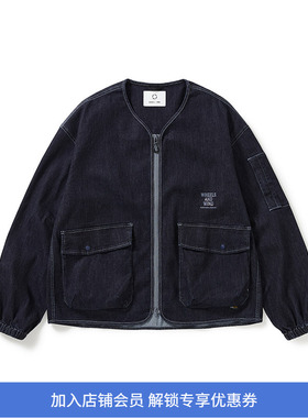 WHEELS and WIND 男女中性款水洗牛仔机能性耐磨宽松无领夹克外套