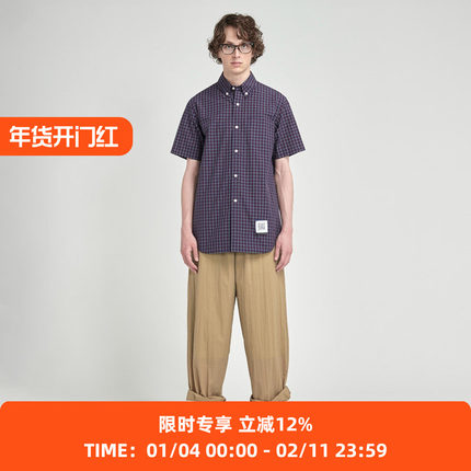 Fumito Ganryu  Pleated ButtonDown Shirt 背后褶皱短袖格子衬衫