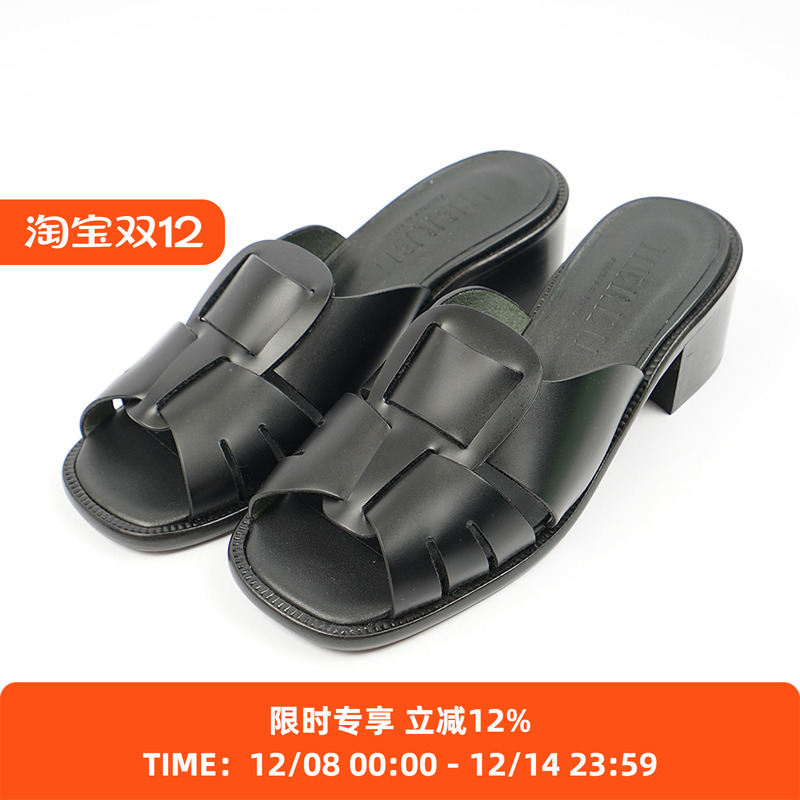 HEREU粗跟方头拖鞋高跟凉鞋