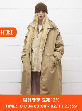 UNUSED 机能风压胶防水中长款连帽风衣外套