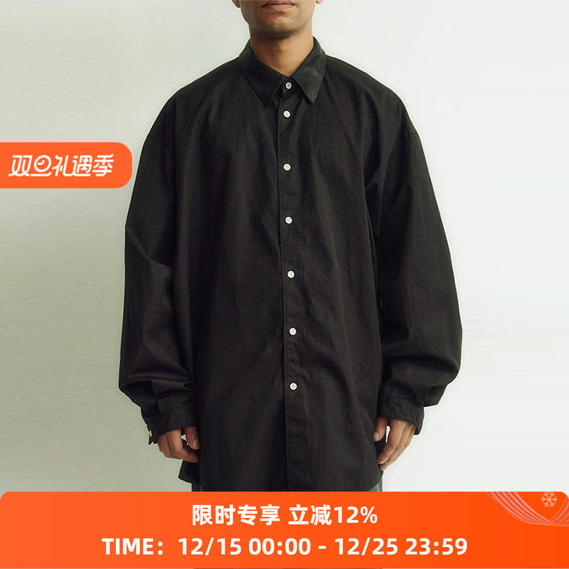 DIGAWEL Leather combi shirt 宽松廓形皮领长袖衬衫